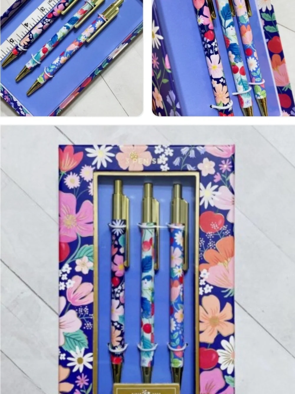 Clementine Floral Blue 3-Piece Ballpoint Pen Set